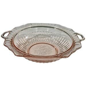 Vintage Pink Depression Glass Handled Bowl Floral Etched Centerpiece